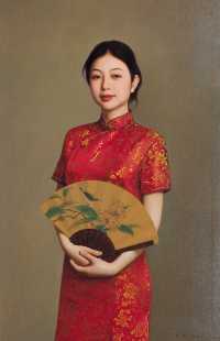 吴正恭 1999年作 持折扇的红衣少女
